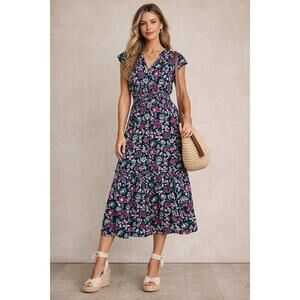 Rails Amelia Floral Midi Dress XXS Navy Pink 100% Cotton Smocked Waist Boho